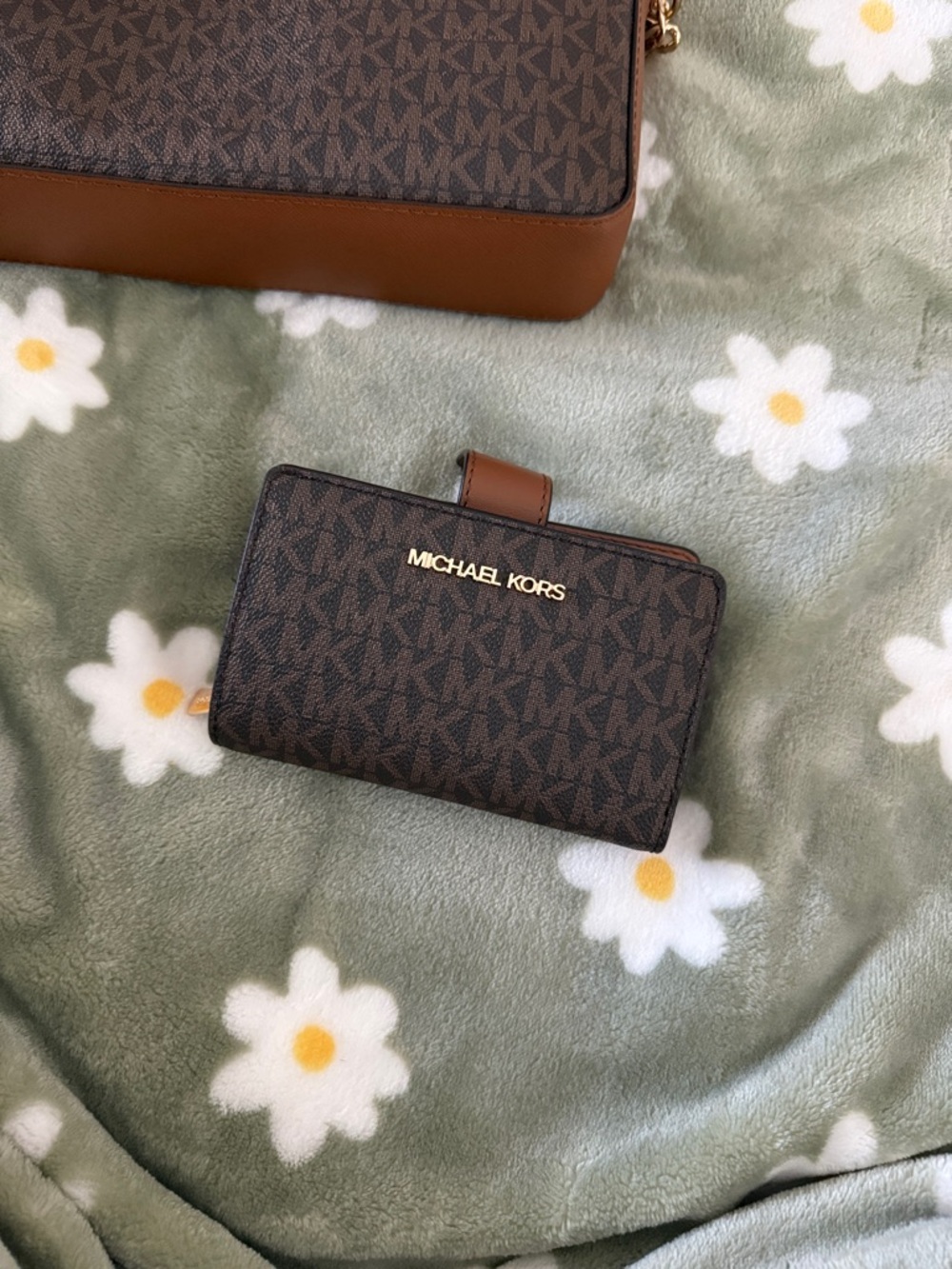 Michael Kors Brown Monogram Compact Wallet with Gold Logo